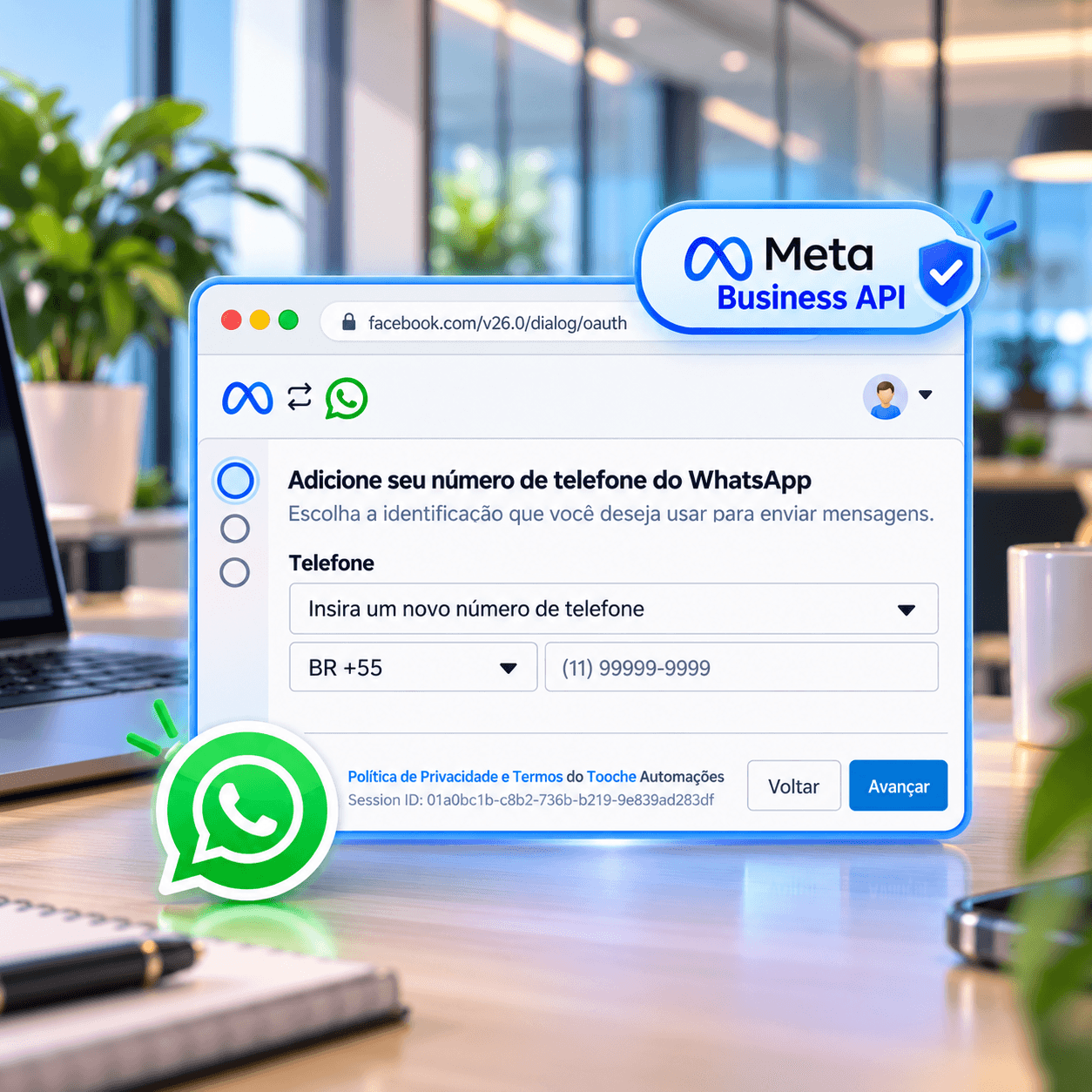 Selo da API Oficial do WhatsApp integrada à plataforma TooChe