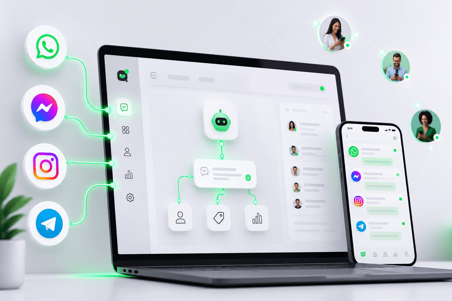 Canais de WhatsApp, Instagram, Messenger e Telegram, centralizados em uma única caixa de entrada
